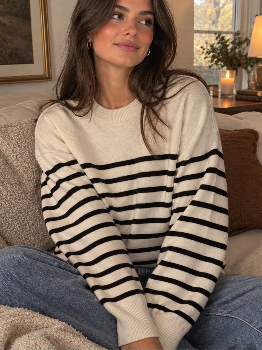 Uniqlo Cream and Black Striped Crewneck Sweater